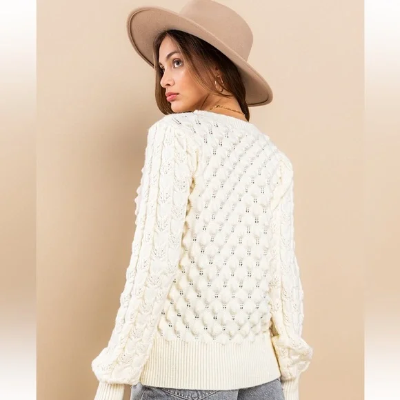 33 Boho Soft Two Tone Textured Sweater Top - Picture 5 of 7